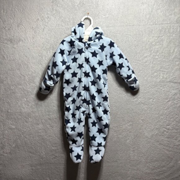 Old Navy Boys Fleece Blue Star Teddy Bear Hooded Footie Bunting 6-12 Month - Picture 1 of 9